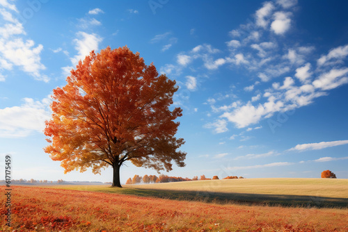 Hyper - realistic photography, a solitary tree in an open field during Autumn, leaves transitioning from green to a mix of red, orange, and yellow, crisp clear blue sky in the background, light breezy
