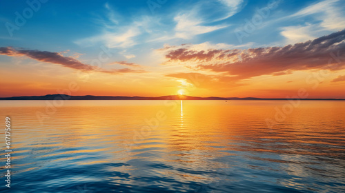 Stunning golden sunset over a calm sea, with slight ripples on the water surface, reflected sunlight, serene and tranquil mood