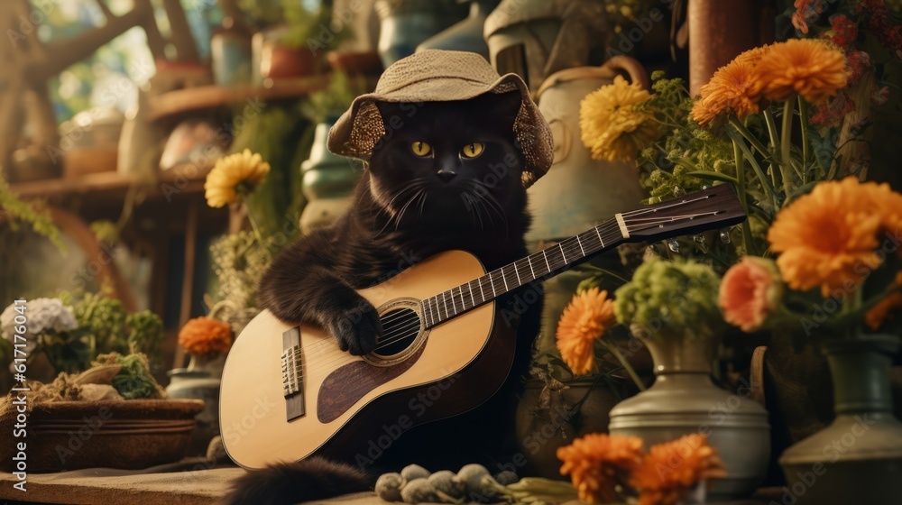Black cat in a fishing hat playing guitar.