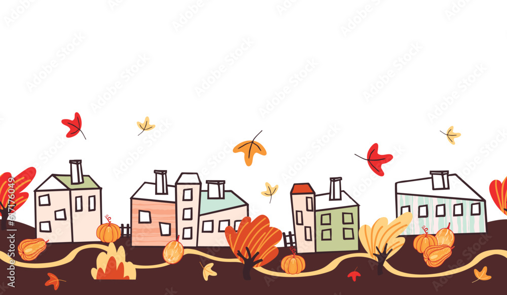 Stylized houses, autumn trees and bushes. Fall leaves and pumpkins. Colorful seamless border with urban or rural street.Background for printing on fabric and paper.Vector  hand drawn illustration. 
