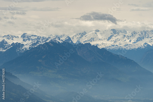 Snow covered alpine scenery at the rhine valley in Switzerland