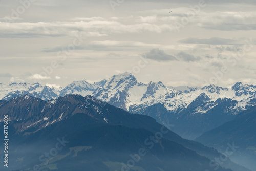Snow covered alpine scenery at the rhine valley in Switzerland