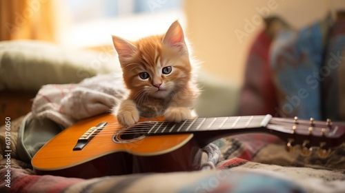 tabby kitten playing guitar.
