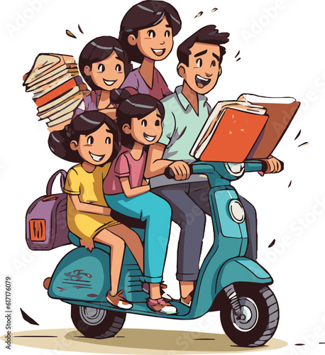 Overcrowded family going school on a scooter, population problem, happy family