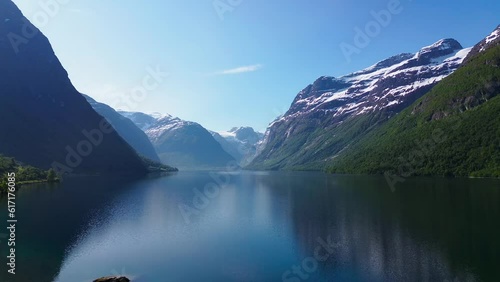 Beautiful Norwegian mountains and fjords in Loen drone flyby  photo