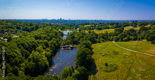 Aerial view of Hampstead Heath  a grassy public space and one of the highest points in London  England
