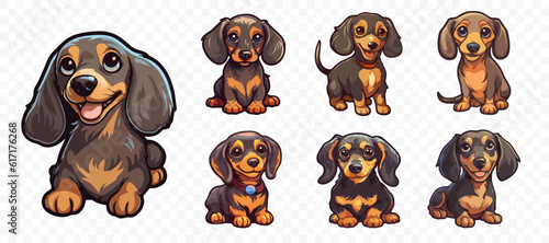 Dachshund sticker. Smiling German badger-dog stickers set. Very cute generative ai illustration of toy dog.