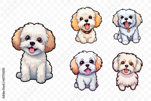 Maltese lap-dog. Funny toy dog stickers set. Very cute generative ai illustration of toy dog.