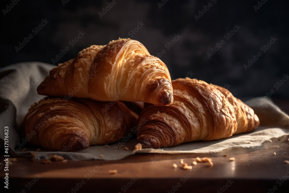 Board with delicious croissants on a dark wooden table, close-up. french pastries.generative AI