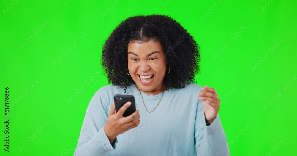Woman, prize money and smartphone, green screen and competition or social media giveaway on studio background. Excited female winner, cheers and happy with reward, lottery and fintech with cash bonus Woman, prize money and smartphone, green screen and competition or social media giveaway on studio background. Excited female winner, cheers and happy with reward, lottery and fintech with cash bonus