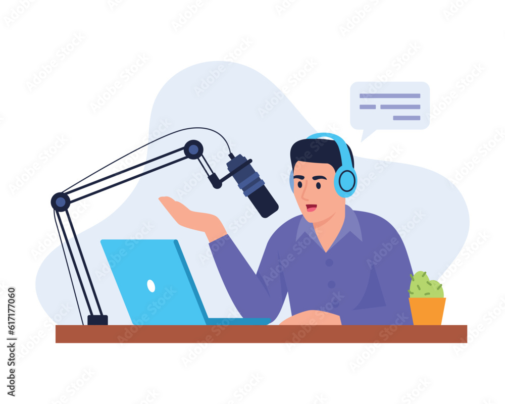 Vector illustration of a boy radio host. Cartoon scene with a radio host sitting at a table with a microphone and headphones and communicating online through a laptop isolated on a white background. Vector illustration of a boy radio host. Cartoon scene with a radio host sitting at a table with a microphone and headphones and communicating online through a laptop isolated on a white background.
