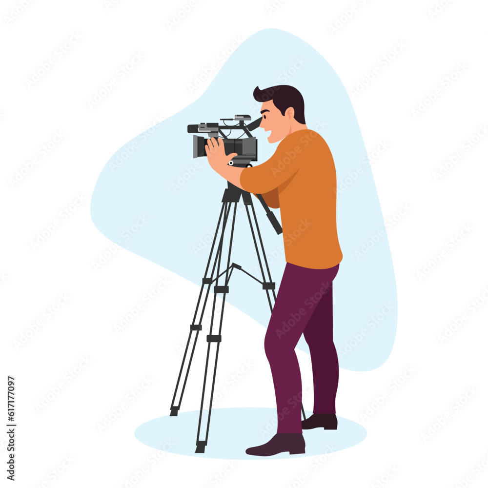 Vector illustration of a videographer boy. Cartoon scene with a videographer boy standing with a video camera on a tripod isolated on white. Videography, photography for cinema, wedding, tv-cameraman.