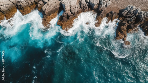 Aerial view of sea waves and fantastic Rocky coast, Montenegro, top view, generative ai