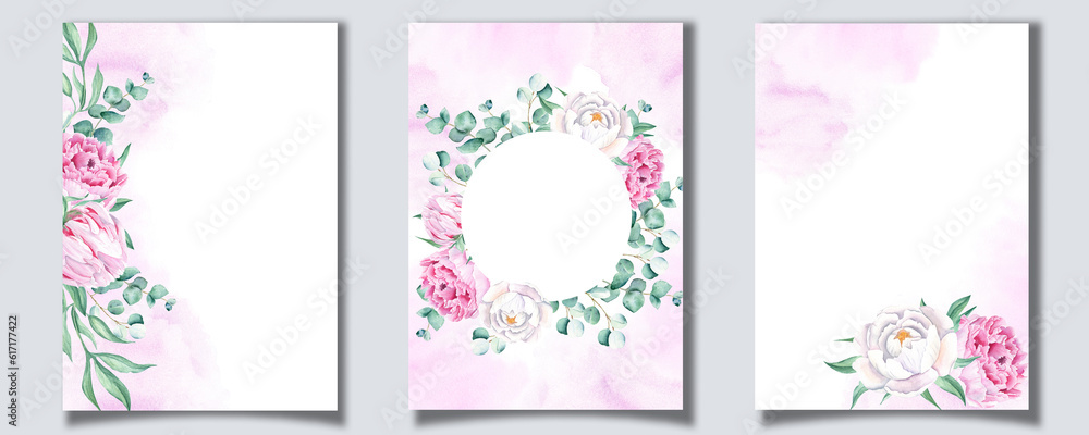 Set of floral background cards. Wedding invitation templates with white and pink peonies, eucalyptus, purple watercolor splashes. For save the date, greeting cards and cover design.