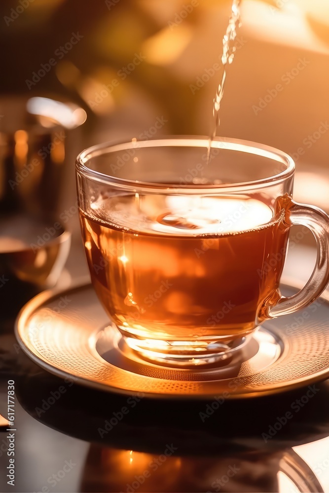 tea in a glass cup on the table in the sunlight. Generative AI tea in a glass cup on the table in the sunlight. Generative AI