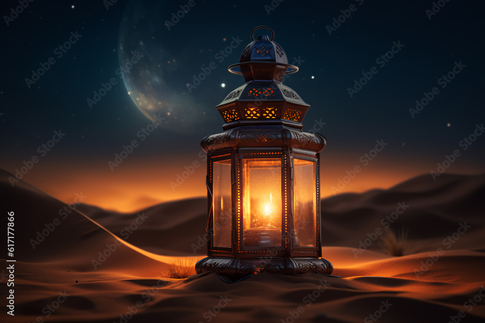 An Islamic background for religious occasions, a luminous lantern with desert sand at night An Islamic background for religious occasions, a luminous lantern with desert sand at night