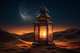 An Islamic background for religious occasions, a luminous lantern with desert sand at night