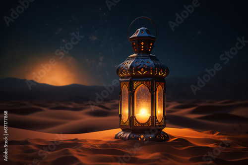 An Islamic background for religious occasions  a luminous lantern with desert sand at night