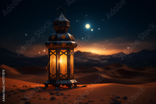 An Islamic background for religious occasions  a luminous lantern with desert sand at night