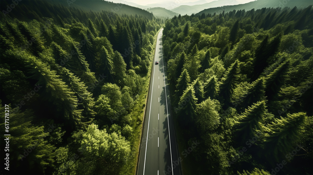 Φωτογραφία Aerial view of a road in the middle of the forest, generative ai