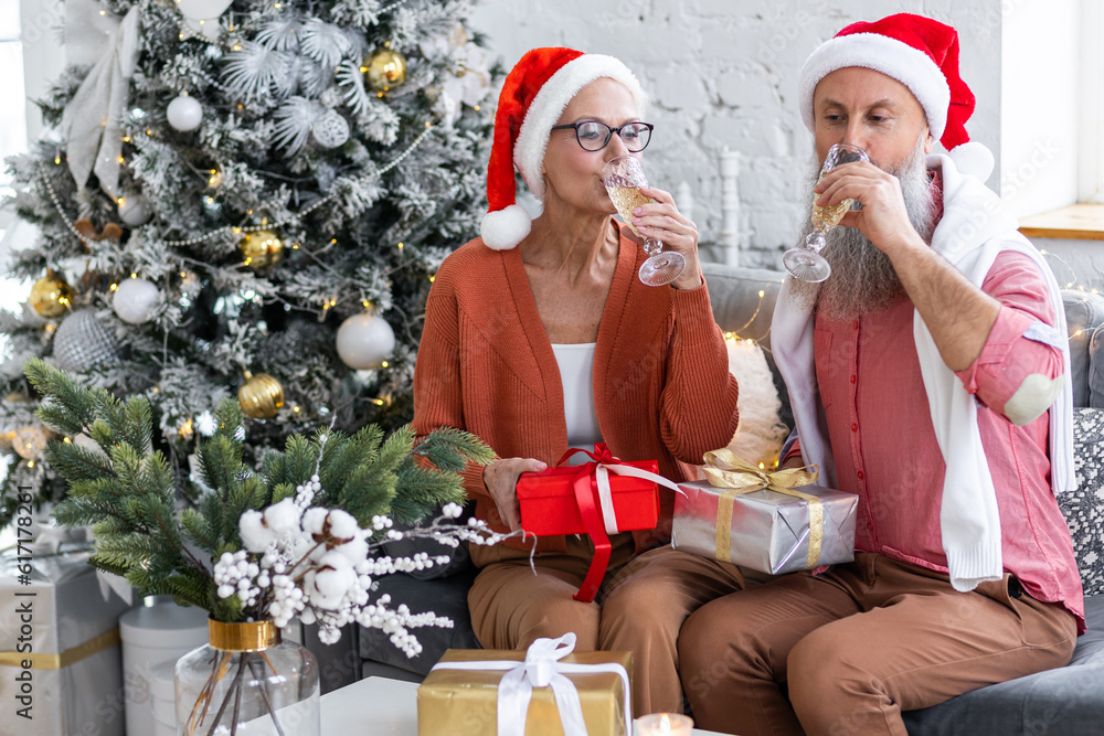 Obraz premium Concept of active life, leisure of pensioner. Happy loving senior couple having fun on New Year party near Christmas tree. Mature man, woman smile, drinking champaign, have fun, laugh, exchange gifts