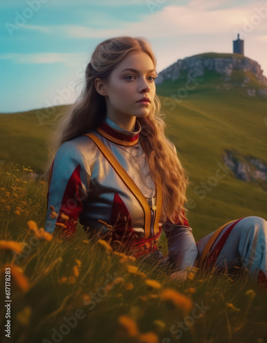 portrait of a woman/model/book fantasy character alone in a field with a thoughtful/sad expression with vintage elements representing loneliness/alienation/social anxiety - generative ai art photo