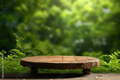 Empty wooden table in nature. AI generative