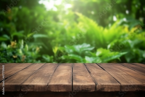 Empty wooden table in nature. AI generative