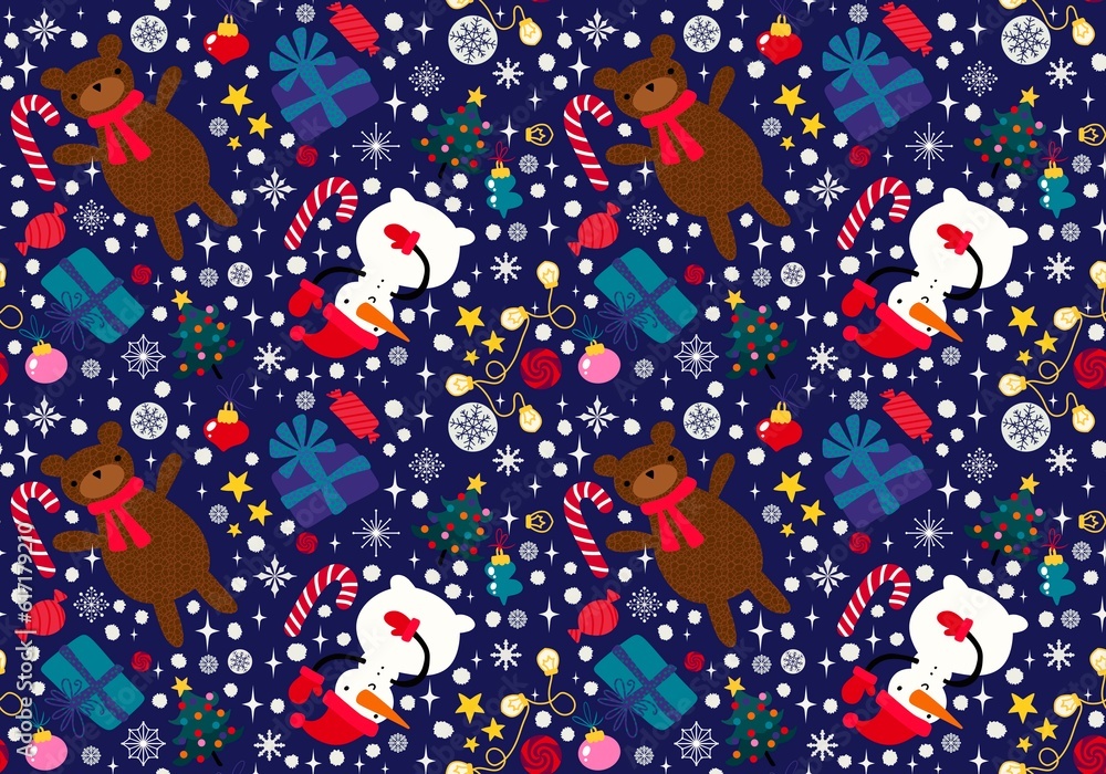 Fototapeta premium Christmas cartoon seamless bears and snowman and gift box and candy pattern for wrapping paper and fabrics