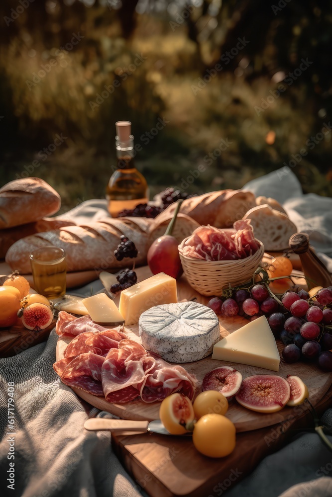 various tasty dishes such as cheese, prosciutto, pastries and grapevine on a picnic blanket in nature. Generative AI various tasty dishes such as cheese, prosciutto, pastries and grapevine on a picnic blanket in nature. Generative AI