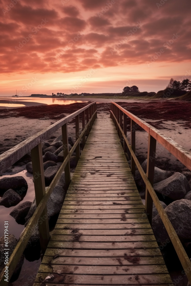 Obraz premium The small wooden bridge over the beach in a sunset, in the style of layered imagery with subtle irony. AI generative