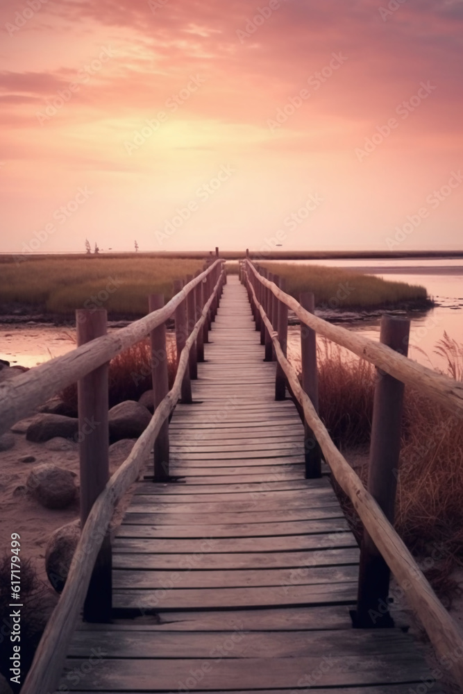 The small wooden bridge over the beach in a sunset, in the style of layered imagery with subtle irony. AI generative