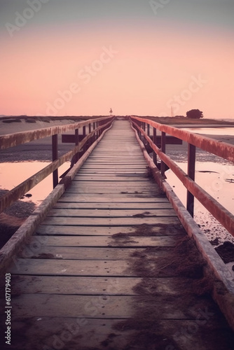 The small wooden bridge over the beach in a sunset  in the style of layered imagery with subtle irony. AI generative