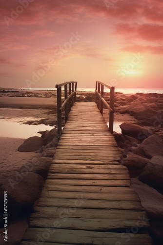 The small wooden bridge over the beach in a sunset  in the style of layered imagery with subtle irony. AI generative