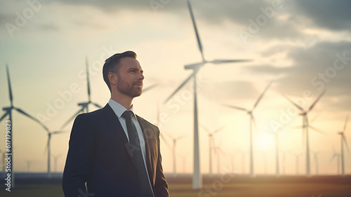 Fotografia Man standing in front of wind turbine, business man, CSR, company social respons