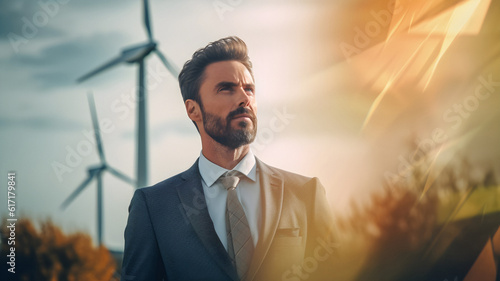 Photographie Man standing in front of wind turbine, business man, CSR, company social respons