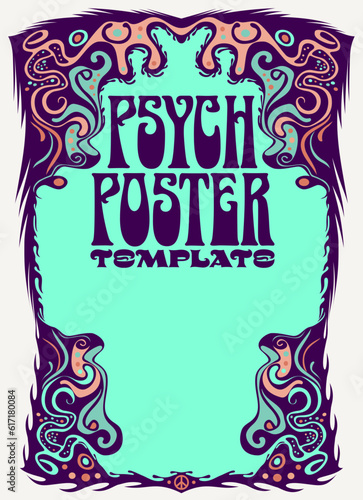 A poster template with psychedelic groovy border designs, in teal and mauve colors