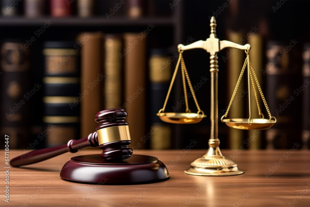 Wooden Gavel With Golden Scale On Table, with copy space, national book lover day, generative ai Wooden Gavel With Golden Scale On Table, with copy space, national book lover day, generative ai