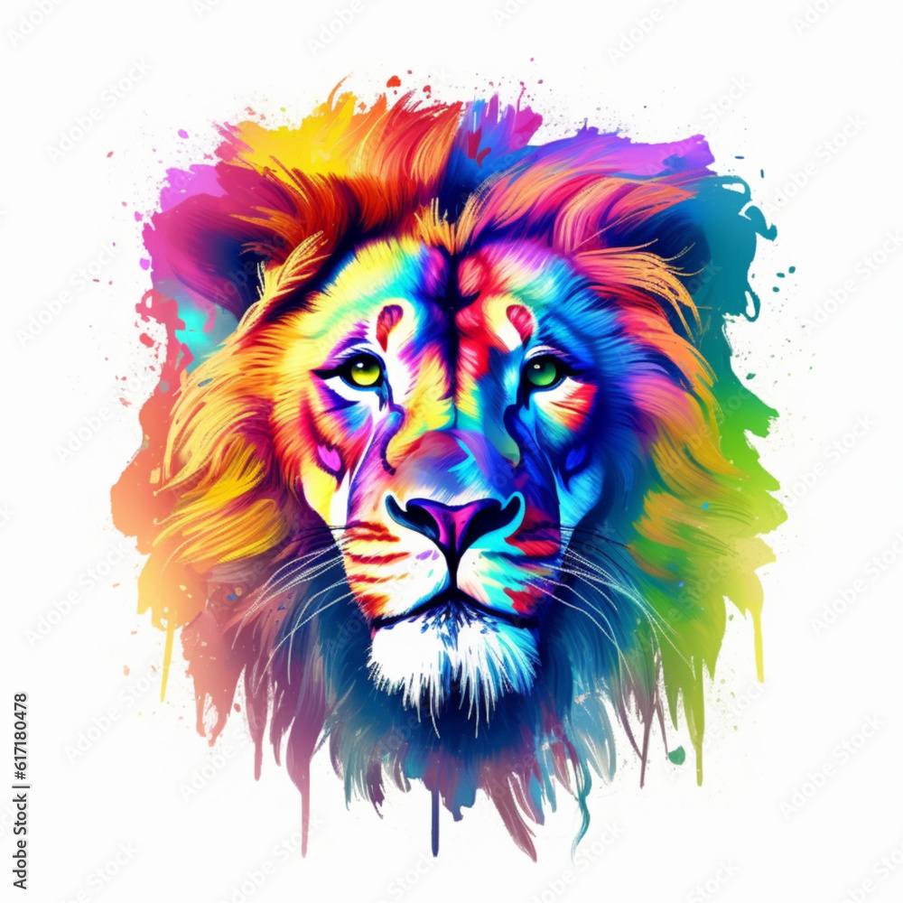Illustration, AI generation. rainbow realistic lion head.