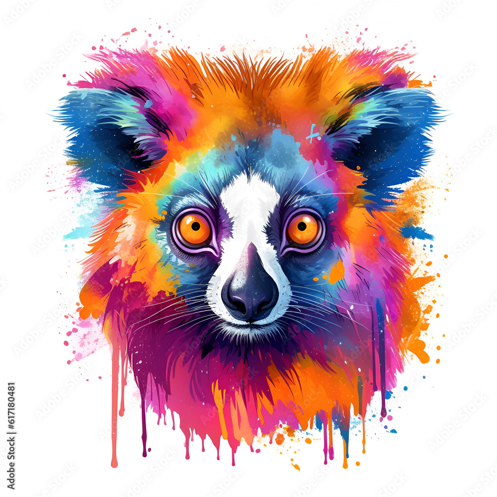 Illustration, AI generation. colorful rainbow lemur head.