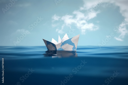 Earth world in a paper boat floating in the ocean. Faith or religion conceptual theme, generative ai