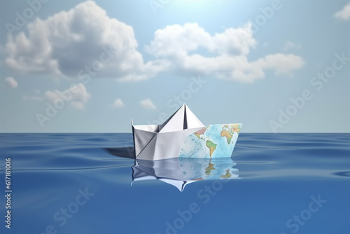 Earth world in a paper boat floating in the ocean. Faith or religion conceptual theme  generative ai