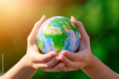 Earth globe in hands. World environment day concept., generative ai
