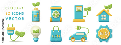 3d eco green set icons. Render environmental symbol for eco-friendly  protect environment  clean alternative energy  fuel  recycle waste and global warming. 3d rendering plastic eco icons illustration