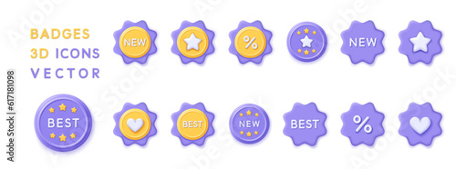 3d set badge or medal icons. Render badge for discount concept, sale, favorite goods, quality certificate, best customer, winner and e-commerce. 3d rendering plastic badge cartoon illustration
