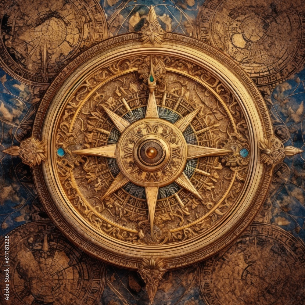 beautiful decorative vintage compass made of shiny golden metal on the background of a beautifully illustrated map drawn on parchment paper. Generative AI