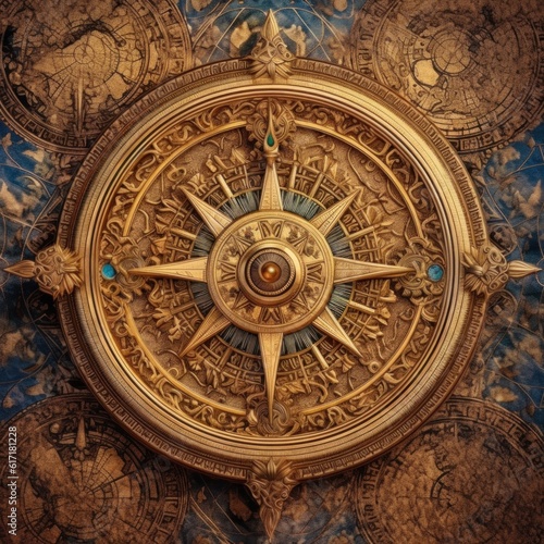 beautiful decorative vintage compass made of shiny golden metal on the background of a beautifully illustrated map drawn on parchment paper. Generative AI