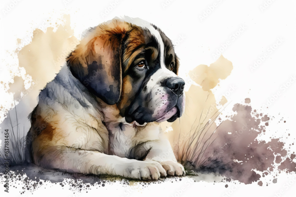 watercolor drawing of a pet - dog. breed St. Bernard. Generative AI.