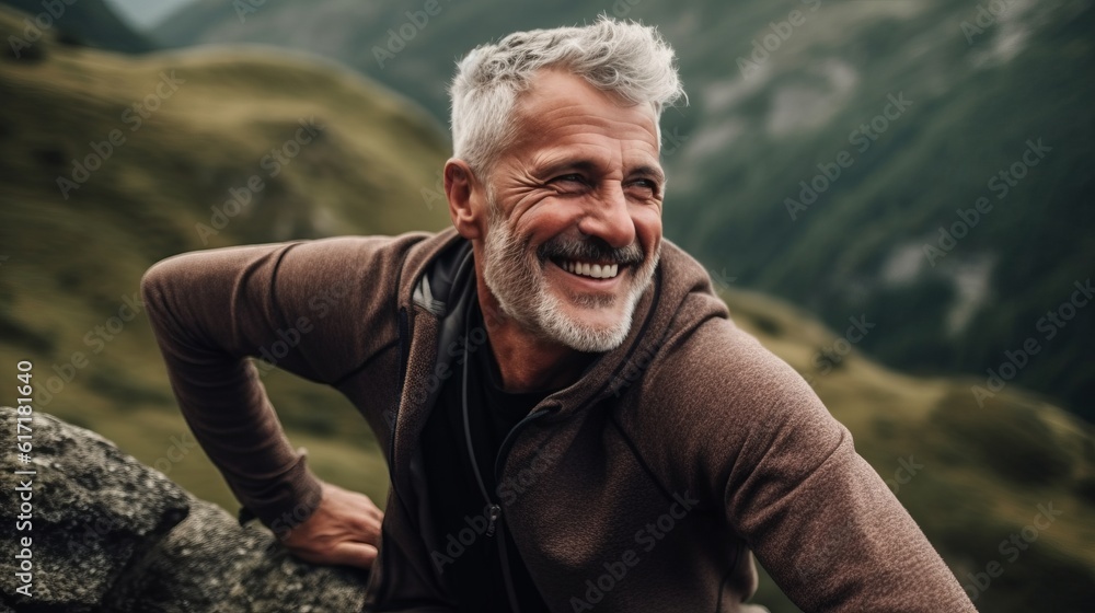 Happy male hiker smiling while standing alone. Cheerful mature man carrying a backpack and standing on a hilltop. Adventurous backpacker enjoying a hike at sunset.
