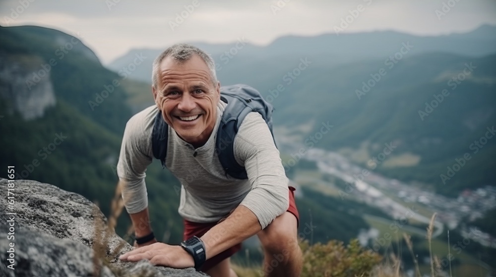 Happy male hiker smiling while standing alone. Cheerful mature man carrying a backpack and standing on a hilltop. Adventurous backpacker enjoying a hike at sunset.